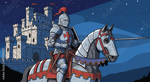 Medieval knight on horseback in front of castle under starry night sky