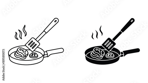 Frying pan with eggs and spatula in outline and solid style