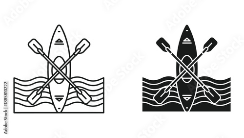 Kayak and paddle icon set in different style