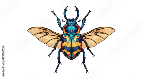 Colorful illustration of a large beetle with wings spread wide showing vibrant patterns on its shell and wings.