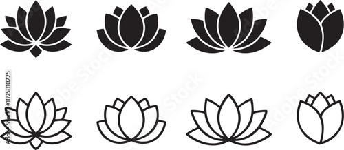 Black and outline lotus flower vector icon set, yoga meditation symbol, spa wellness logo element isolated on white
