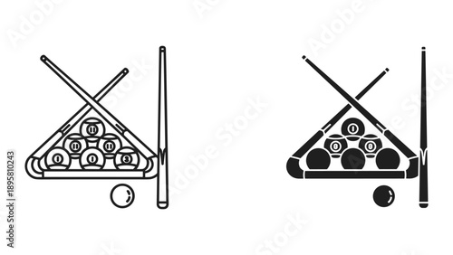 Pool table setup with balls and cue sticks