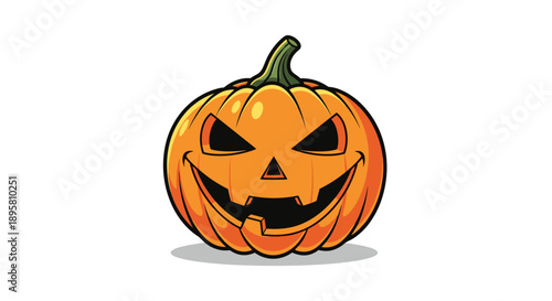 Grinning halloween jack-o-lantern pumpkin with scary eyes and a wide toothy mouth isolated on white background.