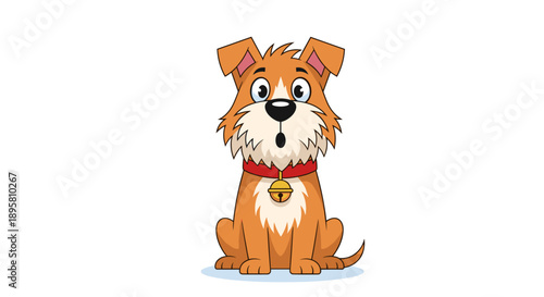 Cute cartoon brown dog with a red collar and golden bell sitting with a surprised expression on its face for kids.