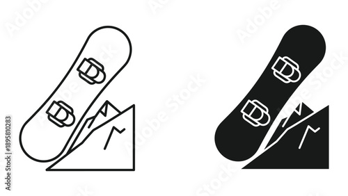 Snowboard icon set with mountain background