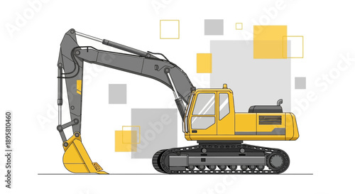 Construction Machine Yellow Excavator Vehicle With Tracks And Bucket