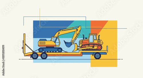 Construction Machinery Transported On A Flatbed Trailer