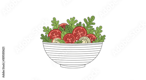 Healthy bowl of fresh salad with leafy greens and sliced red tomatoes on a white background for food concepts.