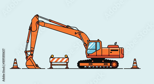 Construction Site Excavator With Traffic Cones And Barrier