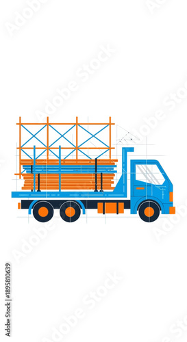 Construction Material Delivery Truck Transporting Scaffolding And Wood