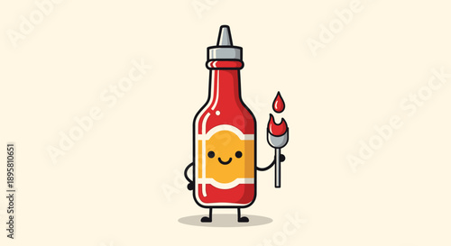 Cute cartoon hot sauce bottle character holding a torch with a small drop of spicy sauce for hot food branding.