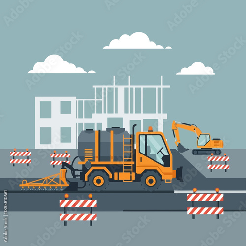 Construction Site Ground Maintenance Vehicle And Excavator Working On Road Repairs