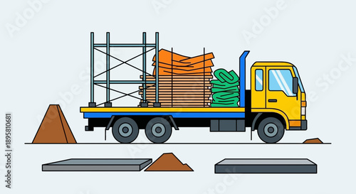 Construction Materials Delivery Truck Transporting Scaffolding Lumber and Tarps