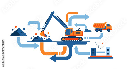 Construction Process Flowchart Excavator Digging and Truck Transporting Materials