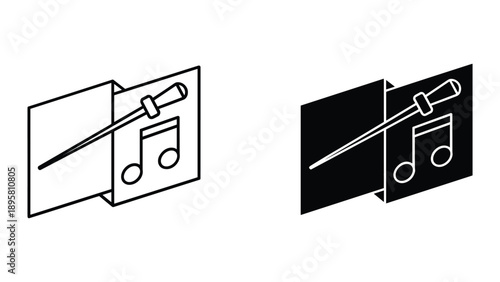 Conductor baton and music note icon in two different styles
