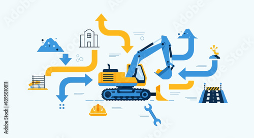 Construction Project Management Workflow Diagram With Excavator Machine