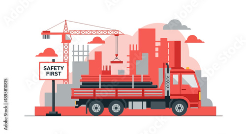 Construction Site With Truck Crane And Safety First Sign