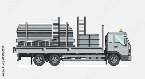 Construction Supplies Delivery Truck With Metal Pipes and Ladders