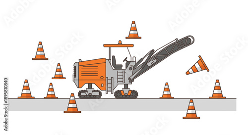 Construction Road Milling Machine With Orange Traffic Cones For Safety Barriers