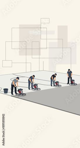 Construction Team Applying Finish To Sports Court Surface With Rollers During Evening Shift