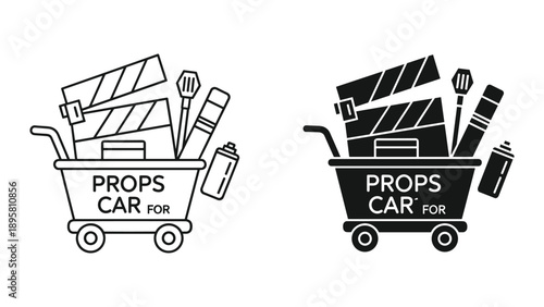 Props car for film production with clapboard and equipment