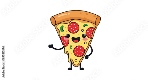 Adorable cartoon pepperoni pizza slice character with a happy face waving on a white background for food labels.