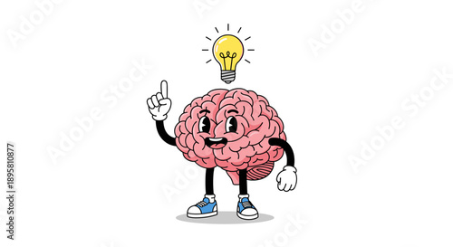 Cute cartoon brain character pointing up with a glowing light bulb above its head representing a bright new idea.