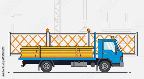 Construction Truck Delivering Lumber Materials To Site