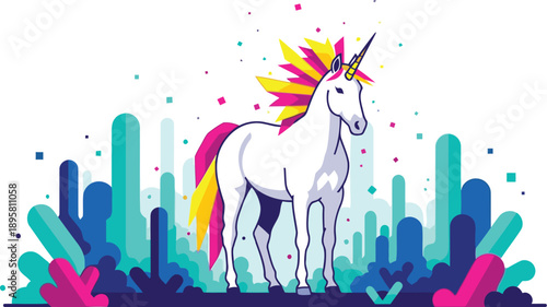 Vibrant unicorn standing in futuristic cityscape with colorful abstract background
