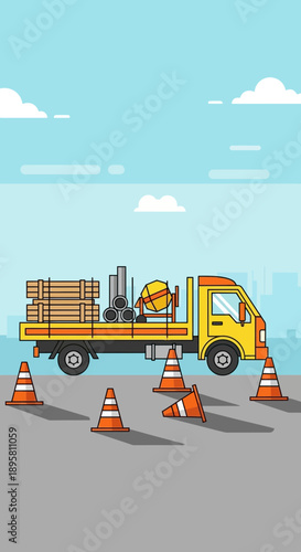 Construction Truck Delivering Materials And Safety Cones On Roadside