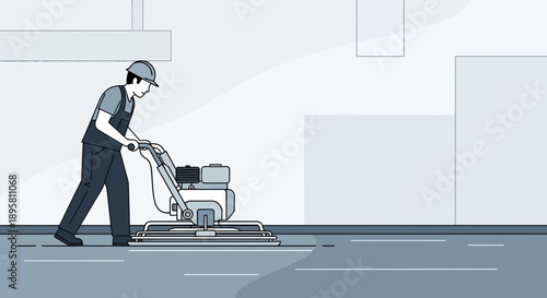 Construction Worker Operates Power Trowel Machine During Concrete Finishing Work