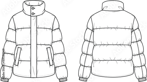 Winter puffer jacket technical flat sketch showing front and back views, insulated padded outerwear with stand collar, zipper closure and pockets for fashion design mockups