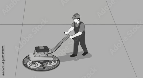 Construction Worker Operates Power Trowel Machine for Concrete Finishing