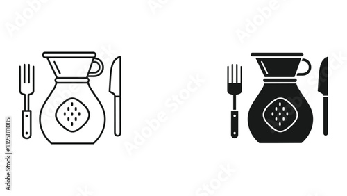 Coffee pot and utensils icon set for restaurant