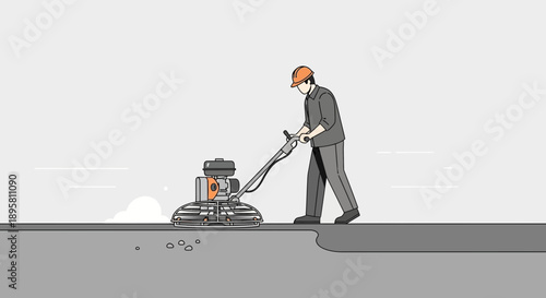 Construction Worker Operates Power Trowel For Concrete Surface Finishing