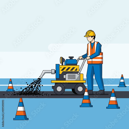 Construction Worker Operating Asphalt Paving Machine on Roadway
