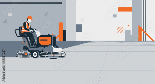 Construction Worker Operating Industrial Floor Polisher Machine On Site