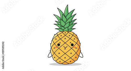 Adorable cartoon illustration of a happy smiling pineapple fruit with small arms and a lush green leafy crown on its head.