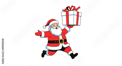 Joyful Santa Claus character running while holding a large wrapped gift box with a red ribbon and waving on a white background.