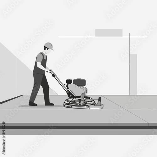 Construction Worker Operating Power Trowel For Concrete Finishing