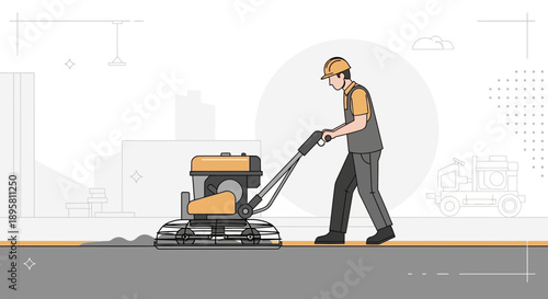 Construction Worker Operating Power Trowel for Concrete Finishing Project