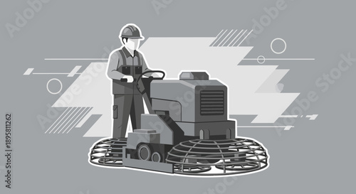 Construction Worker Operating Power Trowel Machine for Concrete Finishing