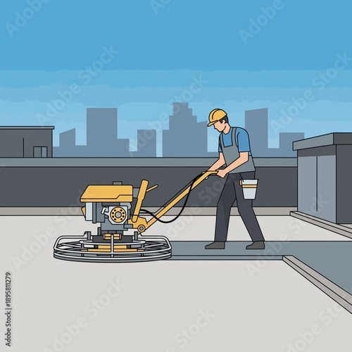 Construction Worker Operating Power Trowel Machine on Rooftop Project