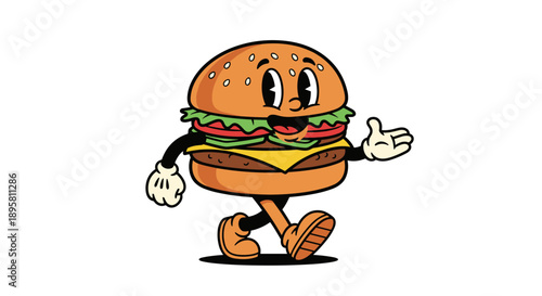 Fun retro cartoon character of a smiling hamburger walking and waving in a classic mid-century vintage animation style.