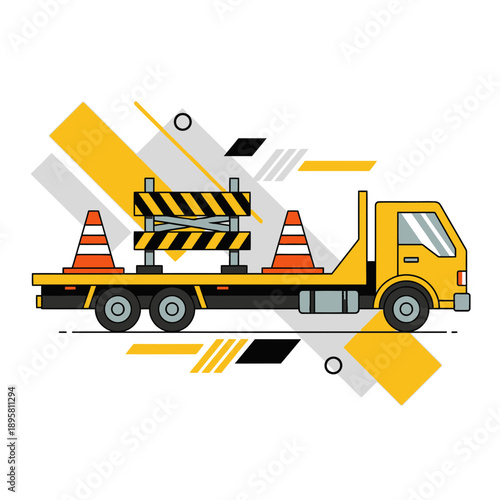 Construction Truck Transporting Safety Barriers and Traffic Cones