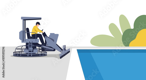 Construction Worker Operating Power Trowel Machine Smoothening Concrete Surface Near Water