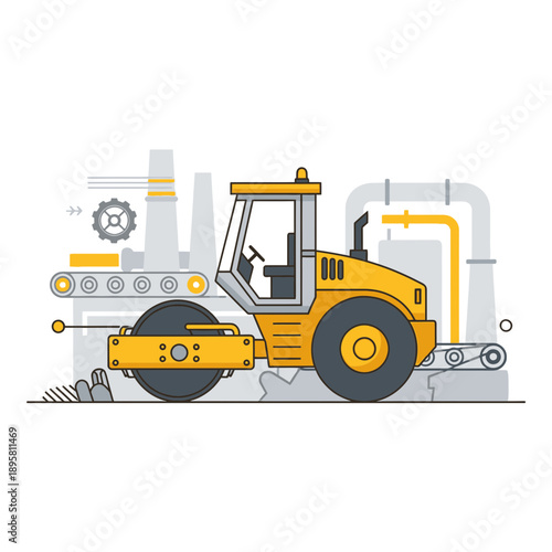 Construction Vehicle Rolling Smoothly on Industrial Site with Factory Background