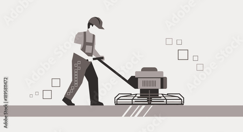 Construction Worker Polishing Concrete Floor With Power Trowel Machine