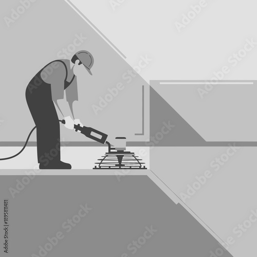 Construction Worker Polishing Concrete Floor with Power Trowel Machine