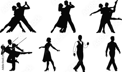 Dancing silhouettes set featuring ballroom tango waltz couples performers isolated black figures elegant dance movement illustration collection